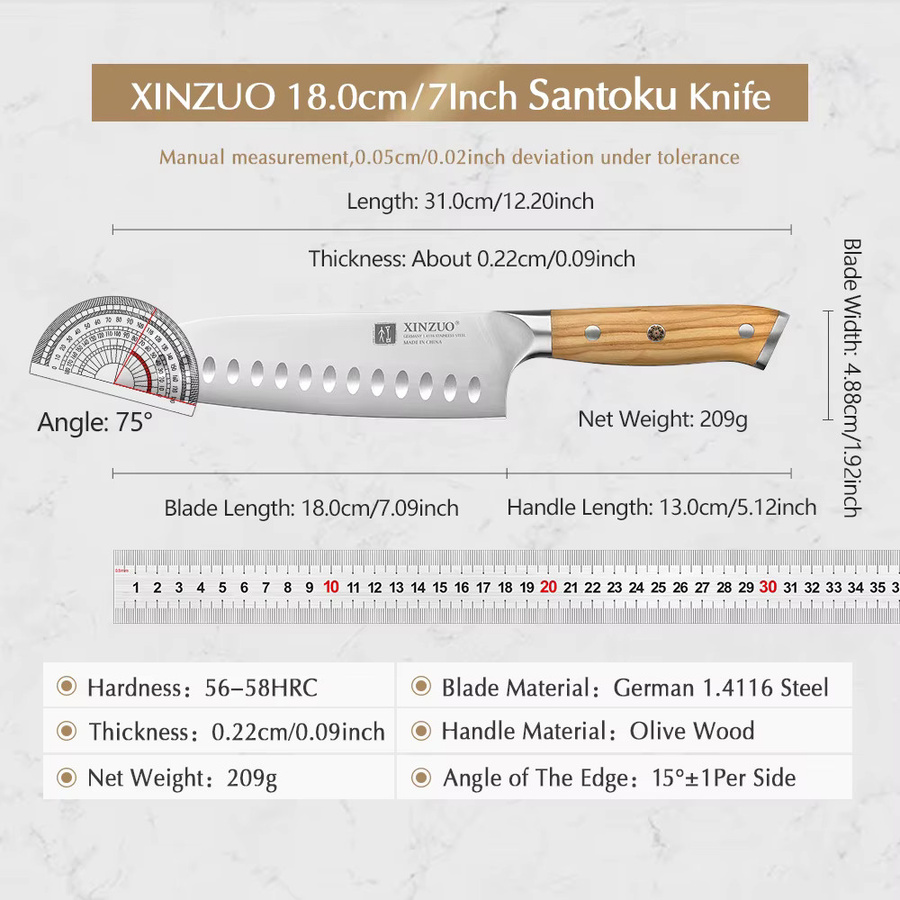 XINZUO Santoku-Schneidemesser aus deutschem 1.4116 Edelstahl mit Olivenholzgriff, 18 cm - Bild 2