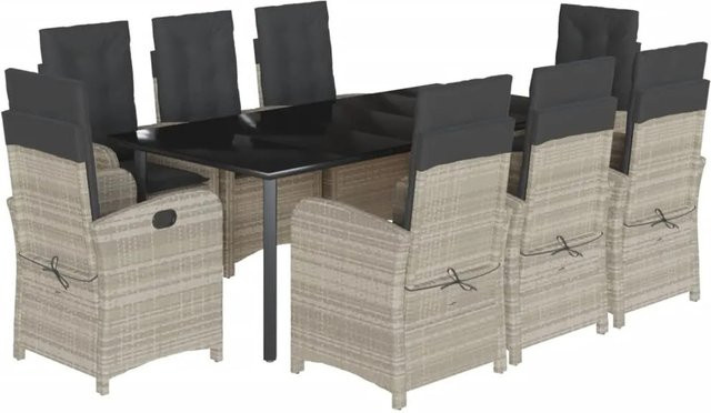 vidaXL 9-teilige Garten-Essgruppe aus Poly Rattan mit Kissen und Glastisch in Hellgrau - Bild 1