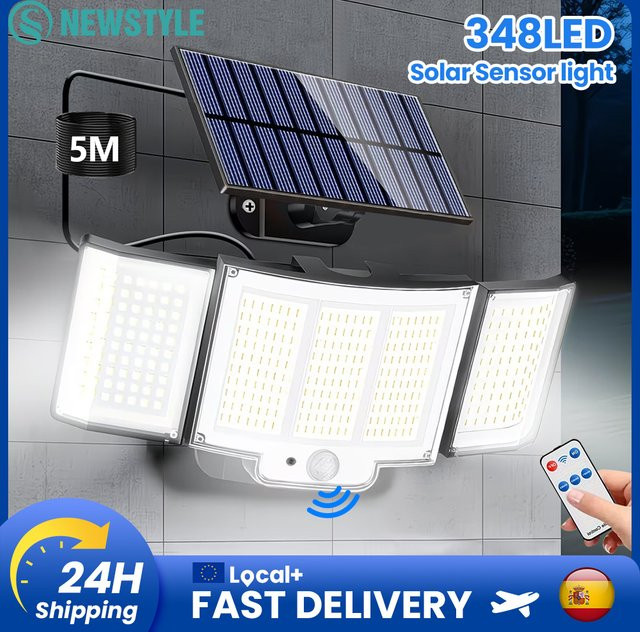 Solar-Sicherheitsleuchte mit 348 LED und Bewegungssensor, IP65 wasserdichtes Solar-Wandflutlicht für den Außenbereich mit Fernbedienung, Schwarz - Bild 1