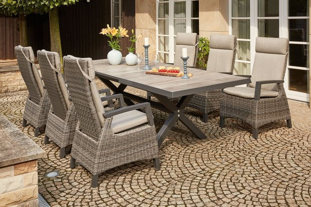 Siena Garden Corido Sincro Garten-Essgruppe aus Aluminium mit Polyrattan-Geflecht und Keramik, Farbe: Charcoal, Set bestehend aus 6 Diningsesseln und einem ausziehbaren Tisch, Tischmaße: B: 100 cm, H: 75 cm, L: 200 bis 260 cm - Bild 1