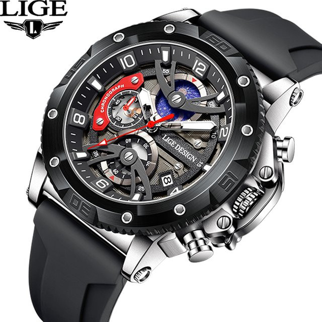 LIGE Armbanduhr Chronograph, Quarz, Silikonarmband, Schwarz, Herren - Bild 1