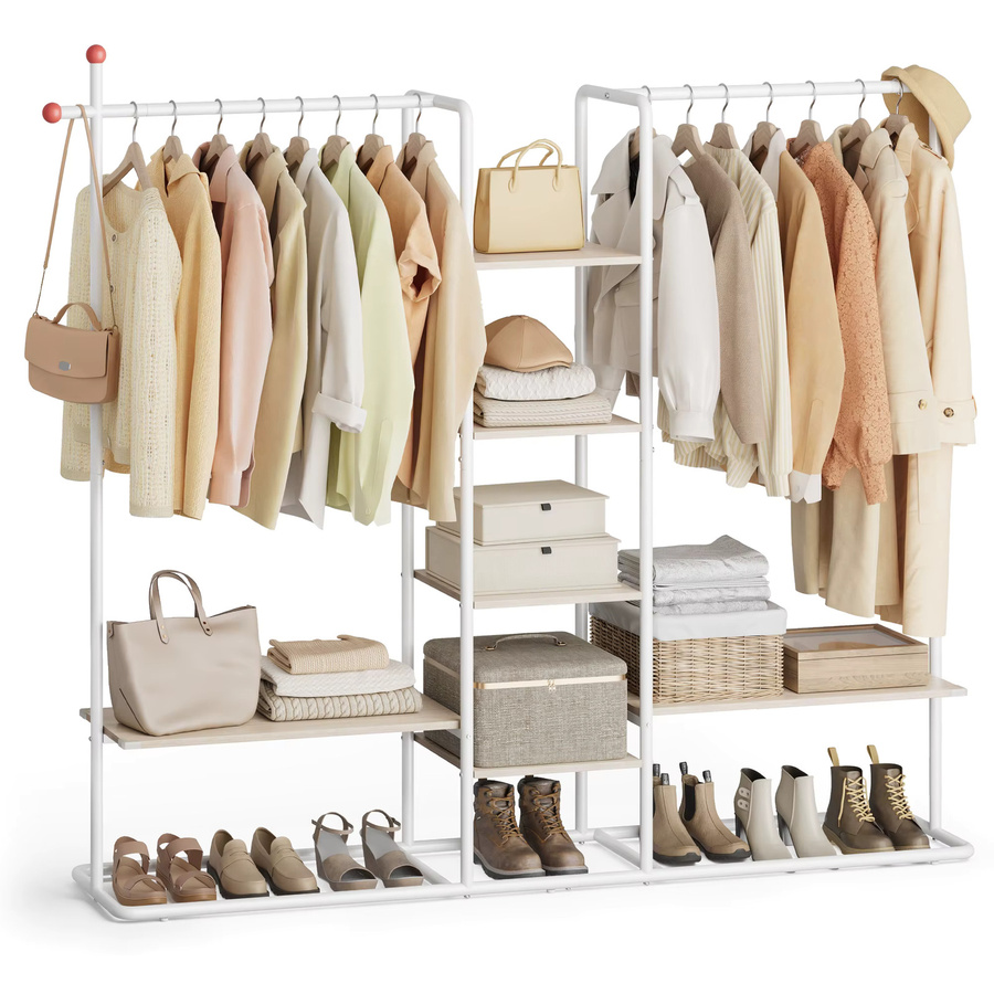 SONGMICS HOME Garderobenständer als offener Kleiderschrank mit 6 Ablagen, 2 Kleiderstangen und Haken in modernem Design aus Metall in Matt Schwarz oder Weiß - Bild 2