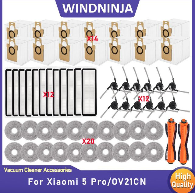 Ninja Zubehör-Set für Xiaomi 5 Pro/OV21CN Roboter-Staubsauger mit HEPA-Filter, Staubbeuteln, Rollbürste, Seitenbürsten und Wischtüchern in Multicolour - Bild 1