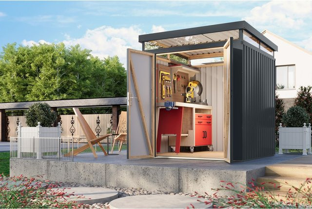 Karibu Holztechnik Metallgerätehaus Boldmere XXL Set mit Anbaudach in Anthrazit Breite: 2 m - Bild 1