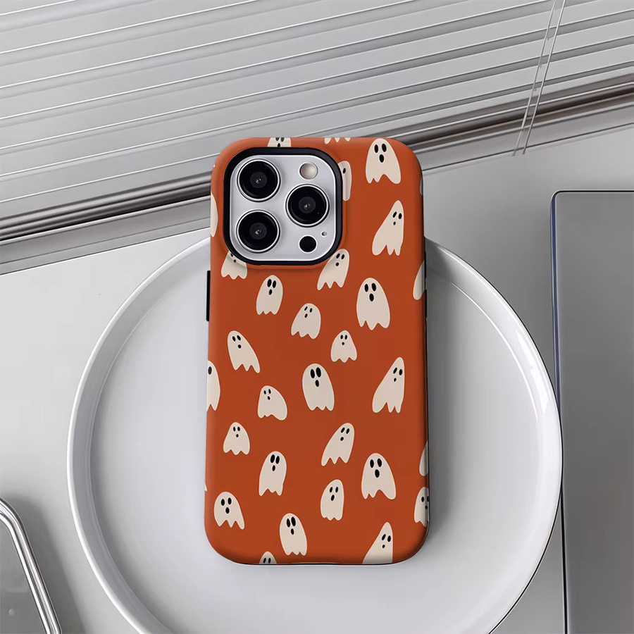 Handyhülle mit Halloween-Geistermuster für Apple iPhone 17 16 15 14 13 12 Pro Max Plus in Orange mit doppelschichtiger Rückseite - Bild 4