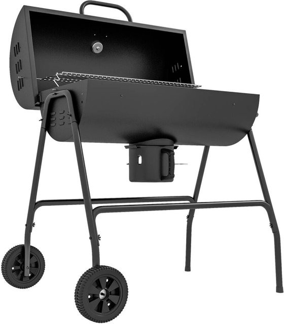 Outsunny Holzkohlegrill aus Metall als BBQ Smoker mit Deckel, Thermometer und verstellbarer Kohlewanne, fahrbarer Grillwagen für Camping und Terrasse, B/T/H: 95 x 71,5 x 102 cm - Bild 2
