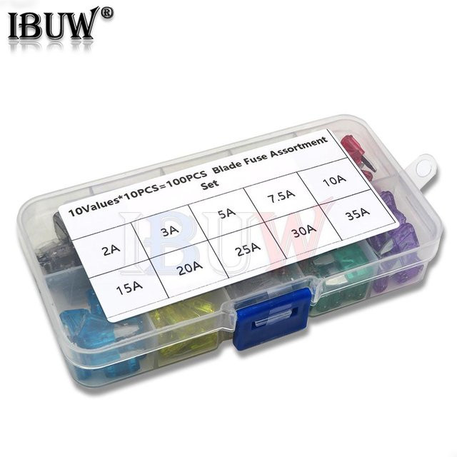 IBUW Mini Auto Sicherung Klingen Set mit Sortimentsbox, 100 Teile, Multicolor, 2A bis 35A - Bild 1