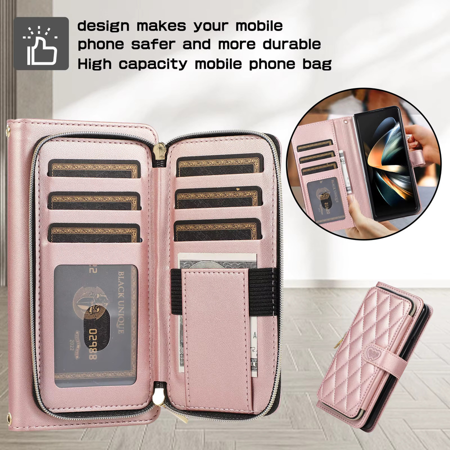 Samsung Galaxy Z Fold Brieftaschenhülle mit Kapazitätskartenhalter, Umhängeband, Reißverschluss und Magnetverschluss in Green und Pink - Bild 2