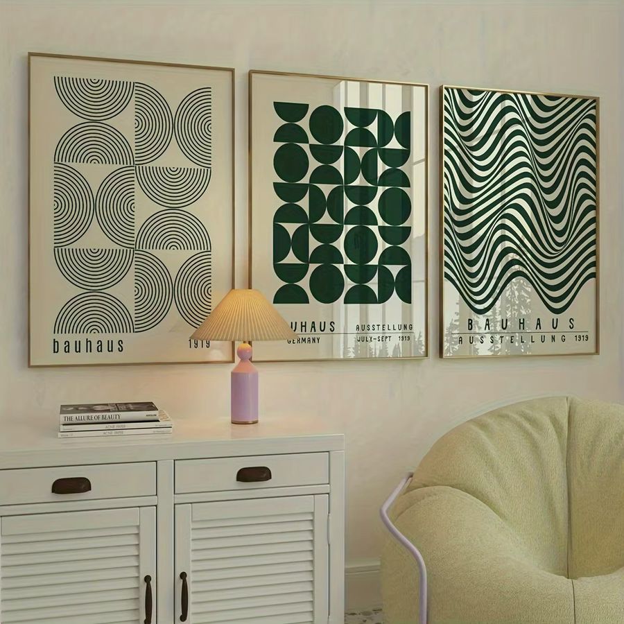3er-Set Bauhaus Wandkunst mit grünen geometrischen Motiven - Bild 2