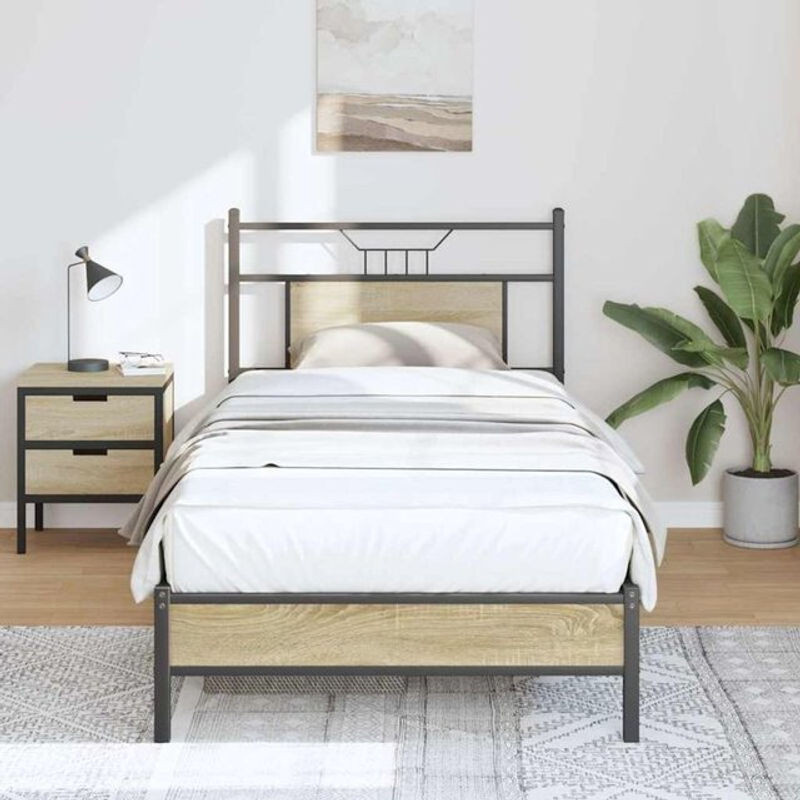 Metallbett im Industrial-Design von Vidaxl aus Holzwerkstoff in Eiche Natur und Braun, B/T/H: 80 x 200 cm - Bild 1