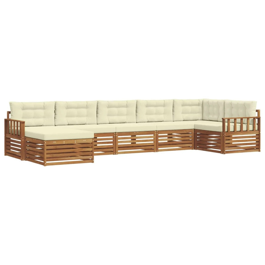 vidaXL 7-teilige Sofagarnitur L-Form aus Massivholz Akazie in Natur und Creme mit wetterfesten Kissen - Bild 2