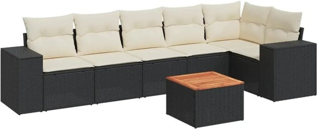 vidaXL 7-teilige Garten-Sofagarnitur in L-Form aus Poly-Rattan und pulverbeschichtetem Stahl mit Kissen in Schwarz-Creme - Bild 1