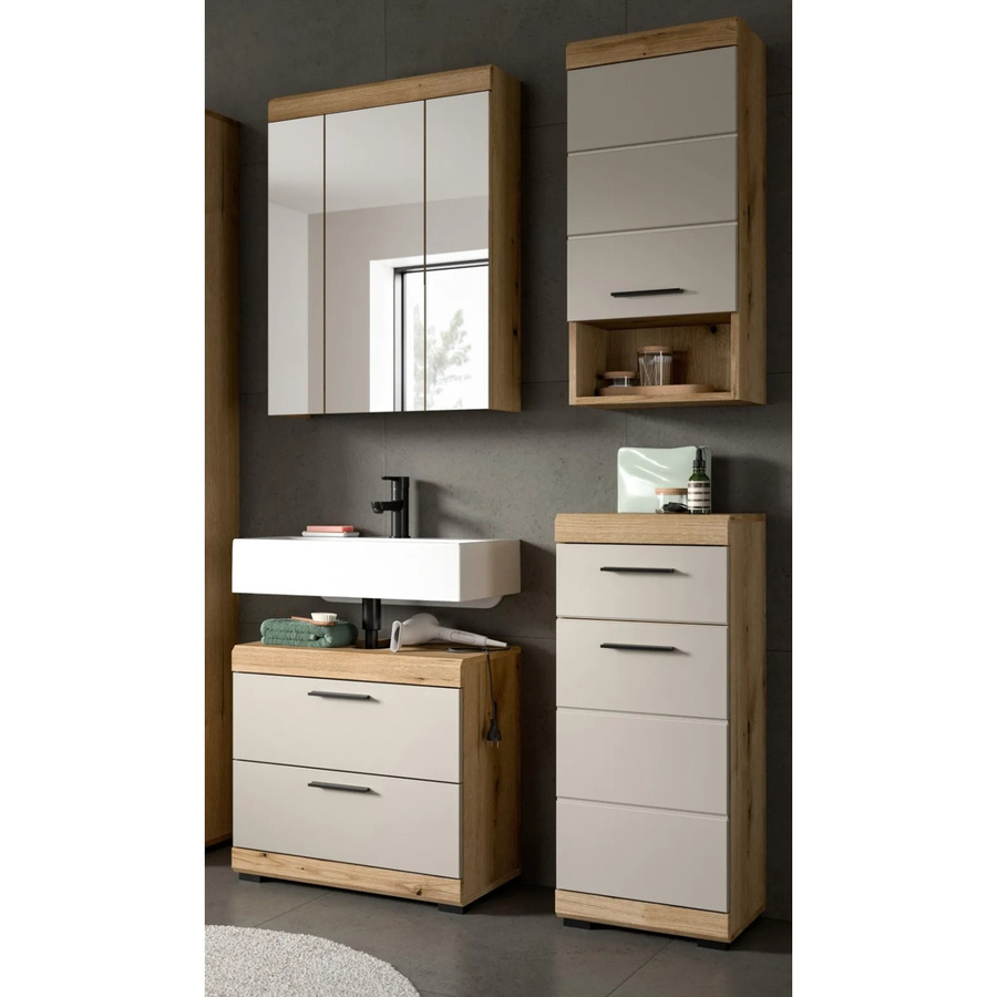 Inn.Furn Badmöbel Set Shawn in Sand und Eiche, 4-teilig mit Spiegelschrank, Waschbeckenunterschrank, Hängeschrank und Unterschrank, Breite: 112 cm - Bild 2
