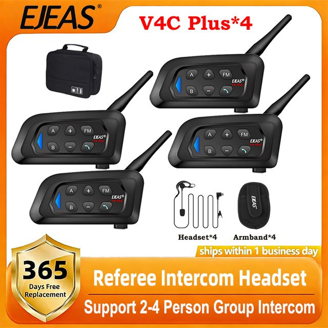 EJEAS V4C PLUS Fußball-Schiedsrichter-Intercom-Headset Set mit 4 Bluetooth-Kopfhörern für Vollduplex-Konferenzen, Schwarz - Bild 1
