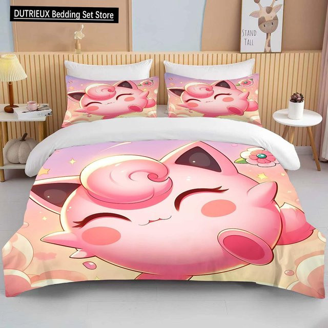 Pokémon Bettwäsche-Set mit Jigglypuff-Print in Rosa, bestehend aus 1 Bettbezug und 2 Kissenbezügen, aus Mikrofaser für Erwachsene und Kinder, B/H: 200 x 230 cm - Bild 1