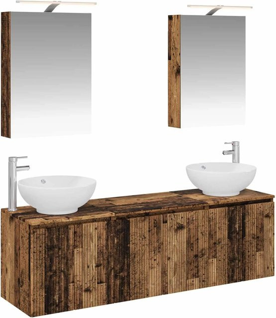 vidaXL Badezimmerschrank-Set aus Holz in Braun mit LED-Beleuchtung und Spiegelschrank - Bild 1