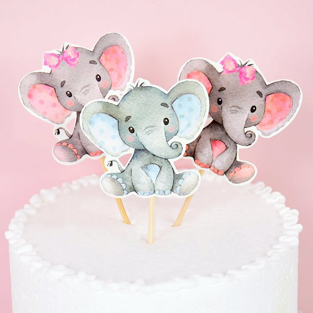 12 Stück ZQNYCY Baby Elefant Kuchen Topper aus Papier in Grau für Geburtstag und Baby Shower Dekoration - Bild 1