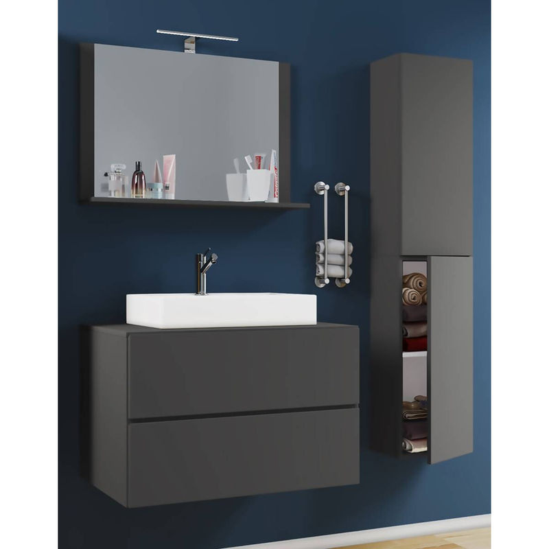VCM Möbel Badezimmer Set Lendas 4-teilig in Anthrazit und Weiß mit Keramik-Waschbecken, Unterschrank, Spiegel mit Ablage und Hochschrank, B/H/T: 80 x 150 x 52 cm - Bild 3