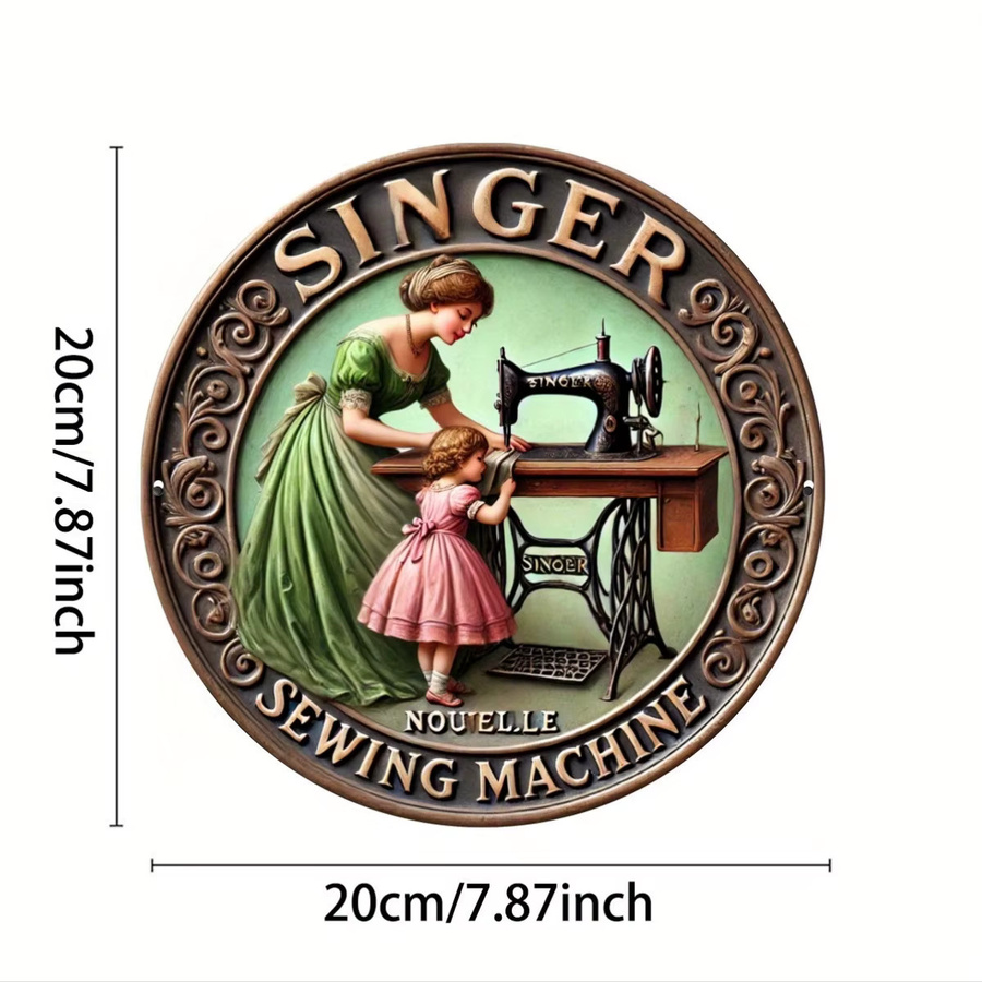 Singer Vintage Nähmaschinen-Rundblechschild aus Metall in Multicolour, Wanddekoration mit Mutter & Kind Motiv, Durchmesser: 20 cm - Bild 2