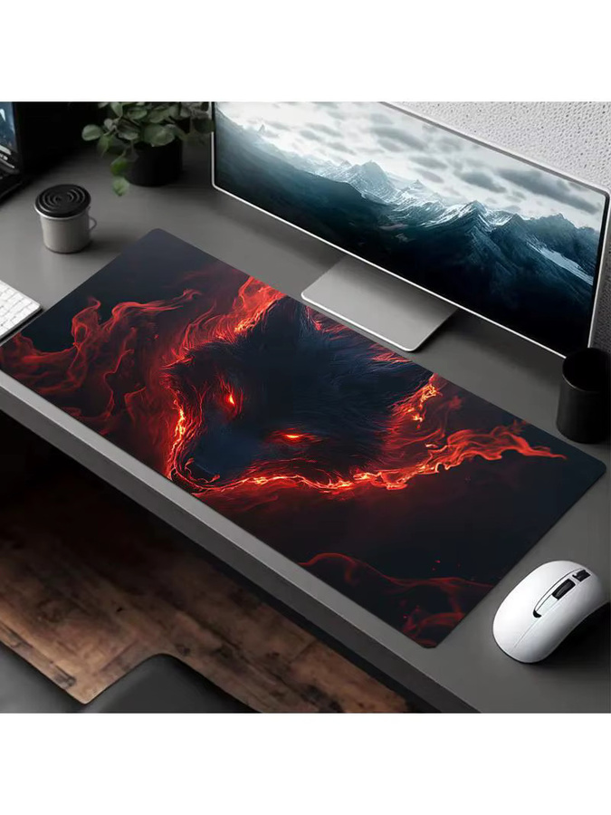 Vivid Red Gaming-Mauspad mit Fiery Wolf-Design, große Schreibtischunterlage in Rot - Bild 4