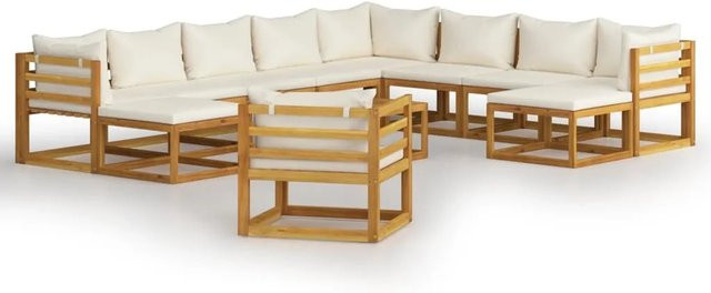 vidaXL 12-tlg. Garten-Lounge-Set in U-Form aus massivem Akazienholz mit beigefarbenen Polsterauflagen - Bild 1