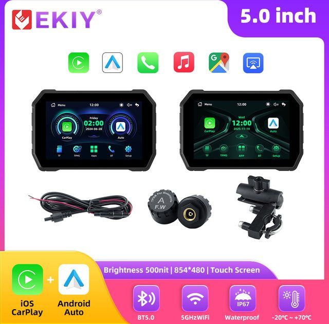 EKIY 5-Zoll Motorrad GPS Navigationsgerät mit Android Auto und Apple Carplay, wasserdicht, kabellos, Schwarz - Bild 1