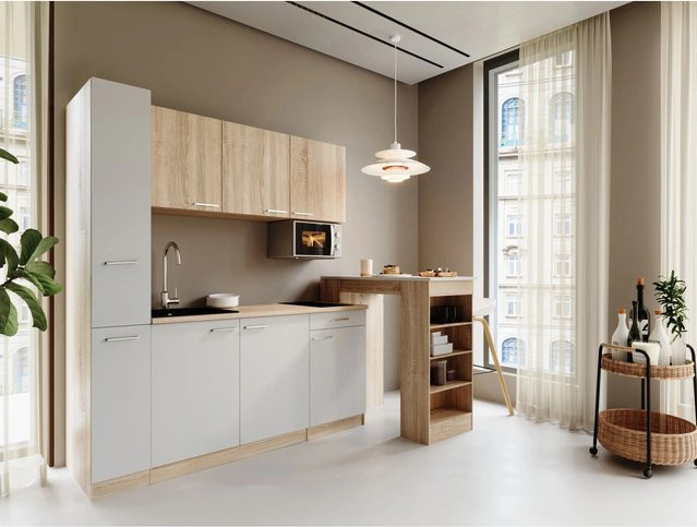 Respekta Ingrid Singleküche Weiß mit Mikrowelle, Bartisch und Apothekerschrank, Breite: 180 cm, Höhe: 200 cm, Tiefe: 60 cm - Bild 1