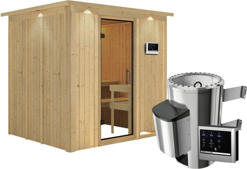 Karibu Sauna Olai aus Fichtenholz in Beige inklusive 3,6 kW Saunaofen mit externer Steuerung für 3 Personen, B/T/H: 184 x 202 x 210 cm - Bild 1