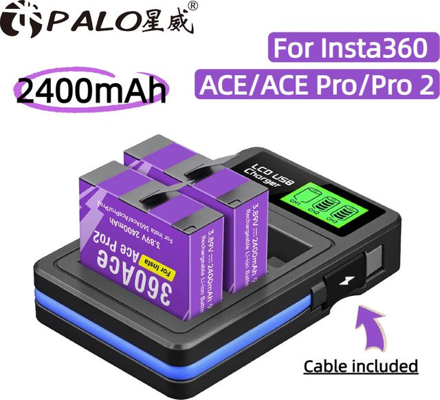 PALO Akku Set für Insta360 ACE, ACE Pro und Pro 2 Kameras mit 2400mAh und 3-Slot-LCD-Akkuladegerät inklusive Kabel - Bild 1
