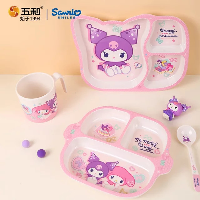 Sanrio Kuromi Kinder Geschirrset aus lebensmittelechtem BPA-freiem Kunststoff in Pink mit Schüssel, Teller, Becher und Löffel - Bild 1