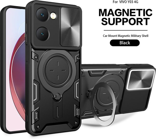 Robuste Panzerhülle für vivo Y03 4G, Y18 und Y18E 4G mit magnetischer Halterung und Schiebe-Kameraschutz-Abdeckung in Schwarz und Silber - Bild 1