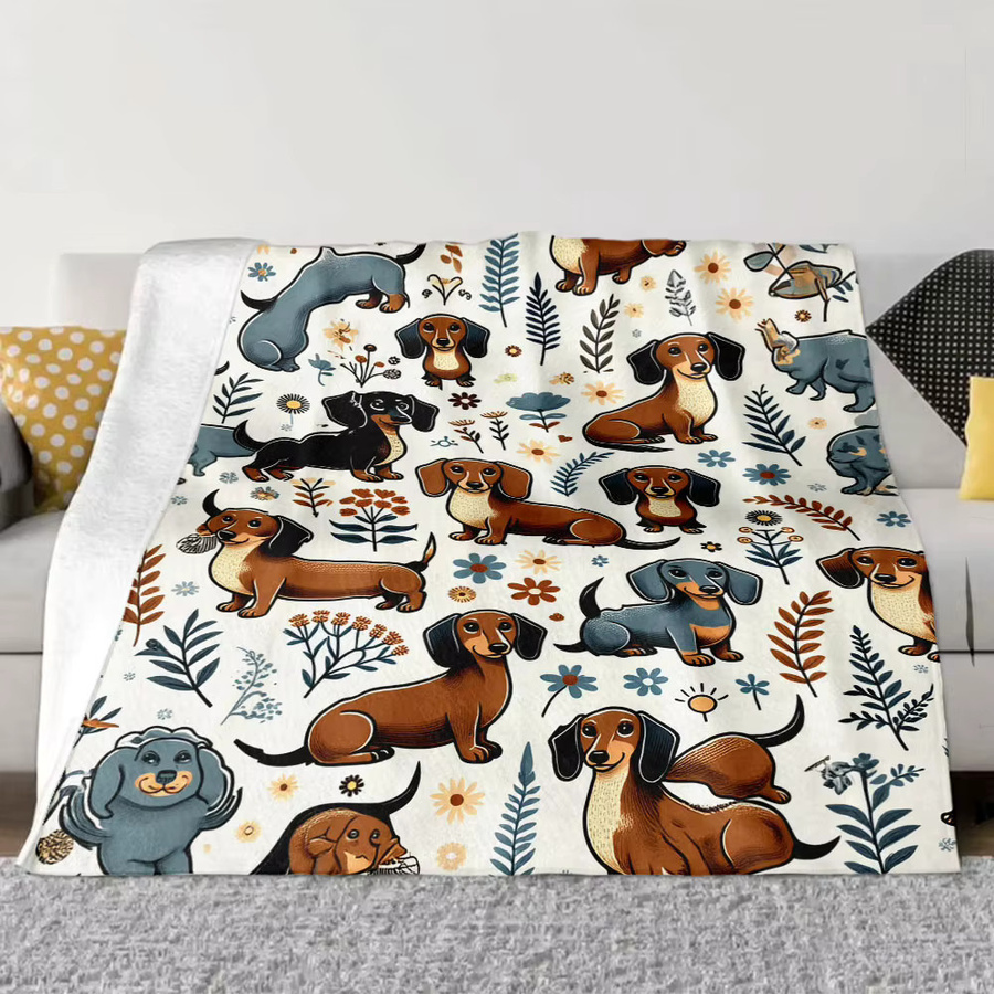 Gemütliche Decke mit Dackel-Blumenmuster in Beige und verschiedenen Farben - Bild 3