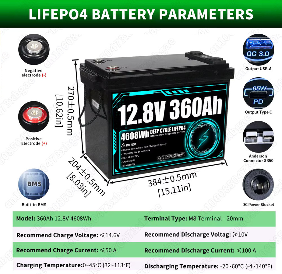 Futuraglow 12V 360Ah LiFePO4 Batterie Klasse A, 12,8V Lithium-Eisenphosphat-Akku-Pack in Schwarz mit hoher Kapazität und 10.000 Tiefentladezyklen für Wohnmobile, Vans und Camper - Bild 3