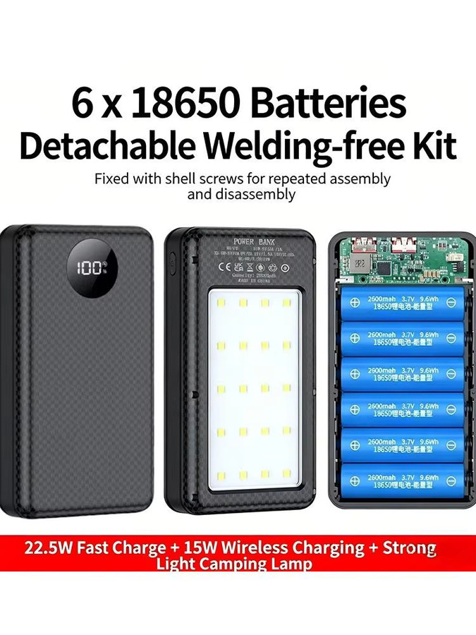 BRYNTHORX 18650 Powerbank-Akkubox mit LED-Licht und Tragedesign in Schwarz für iPhone und Xiaomi, 10W, Platz für 6 Akkus - Bild 6