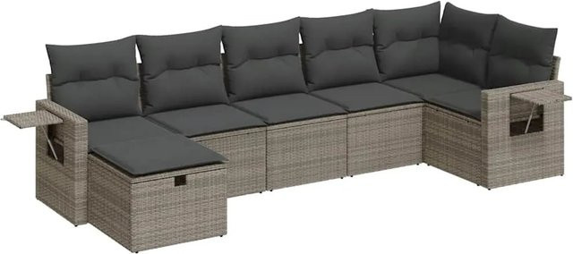 vidaXL 7-teilige Garten-Sofagarnitur in L-Form mit Kissen und Ottoman, Grau, Poly Rattan und Metallrahmen - Bild 1