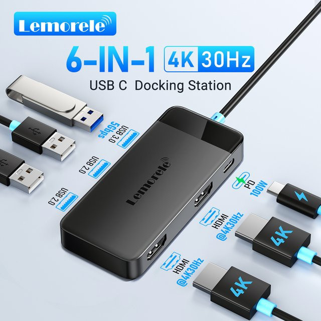 Lemorele TC122 USB-C-Hub Dual HDMI 4K Dockingstation mit USB 3.0 und PD 100W Typ-C-Anschluss für Macbook, iPad und Steam Deck - Bild 1