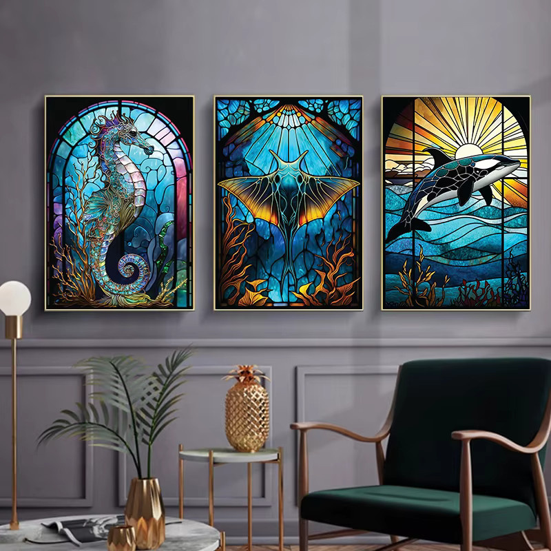 Modernes Buntglas-Poster mit Meerestieren von Potdemiel, mehrfarbiges Leinwandgemälde für deine Wanddekoration - Bild 1