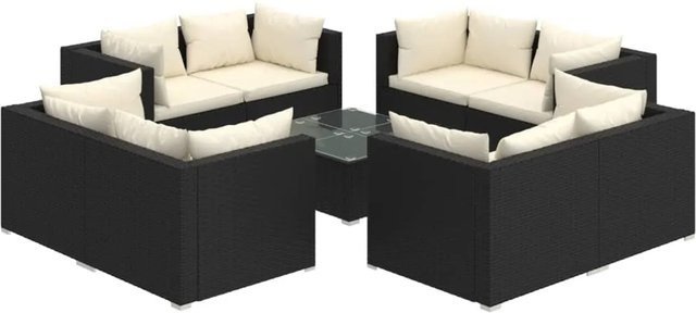 vidaXL 9-tlg Garten-Lounge-Set aus Poly Rattan in Schwarz mit beigen Kissen und Metallgestell, L-Form - Bild 1