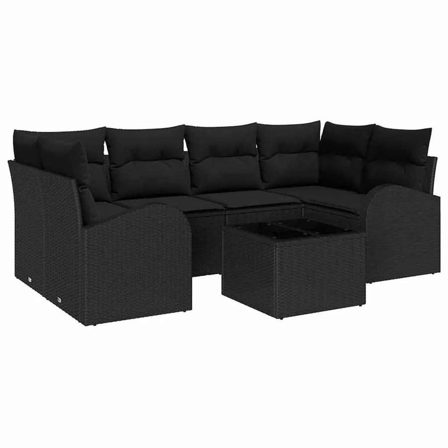 vidaXL Garten-Sofa-Set 7-teilig in Schwarz aus Poly-Rattan und Stahl mit Glas-Couchtisch und Polsterkissen - Bild 2