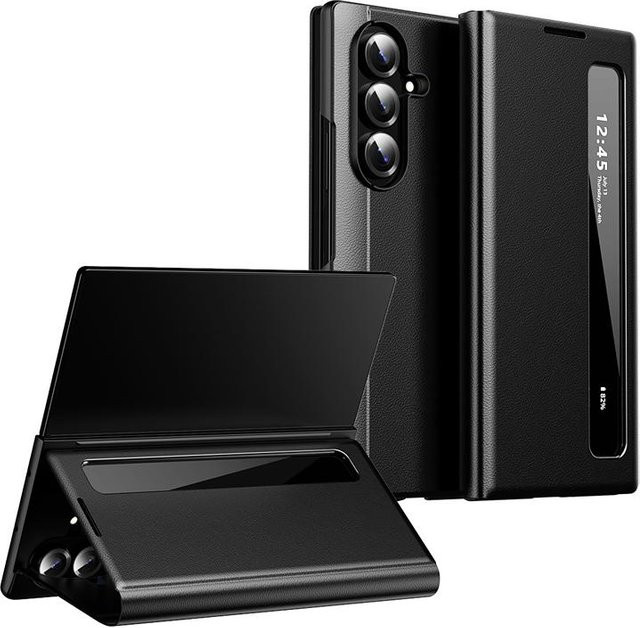 Premium Leder Hülle für Samsung Galaxy Z Fold 7 6 5 4 mit magnetischem Smart Seitenfenster zur Ansicht und Freisprechfunktion in Schwarz, Blau, Grau oder Grün - Bild 1