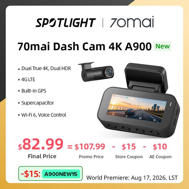 70mai Dashcam A900 Dual 4K UHD mit HDR, Wi-Fi 6, GPS und 4G LTE Cloud, Schwarz - Bild 1