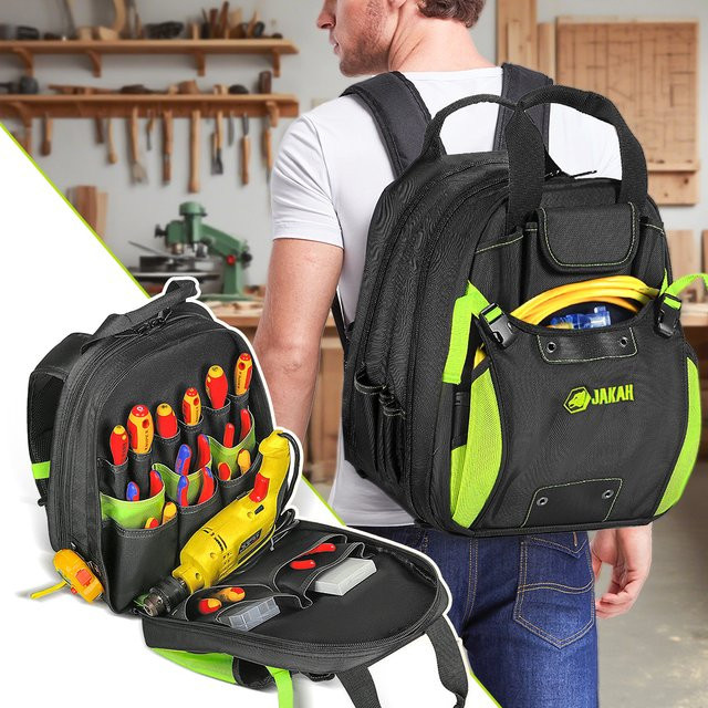 Jakah Werkzeugrucksack HL088 mit 42 Taschen, robuster Werkzeug-Organizer mit wasserdichtem Boden und abnehmbarem Werkzeugträger - Bild 1