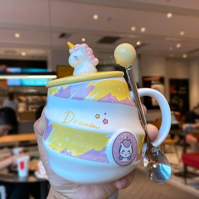 Yiran bag Keramik Fadenbecher mit Deckel und Löffel Regenbogen Einhorn Design, 380 ml, Mehrfarbig - Bild 1