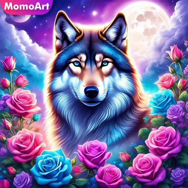 Momoart DIY Diamantmalerei Wolf und Blumen als Strass Diamant-Mosaik zur Dekoration für dein Zuhause - Bild 1