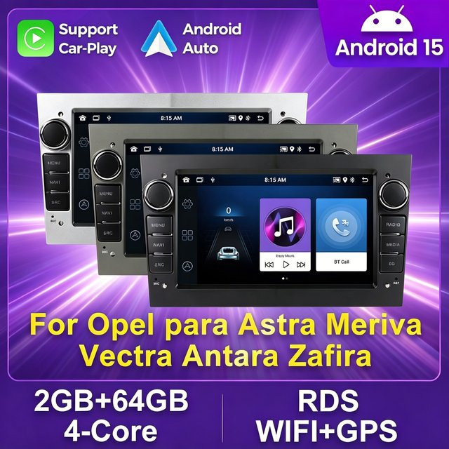 NAVIFANS Android 15 Auto-Autoradio mit CarPlay für Opel Astra H J, Vectra, Vauxhall Antara, Zafira, Corsa C D, Vivaro und Meriva, 2DIN Stereo in Schwarz und Silber - Bild 1