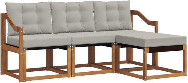 vidaXL Outdoor-Sofagarnitur 4-teilbig aus Akazienholz und Textilene in Natur und Hellgrau mit Kissen und Hocker - Bild 1