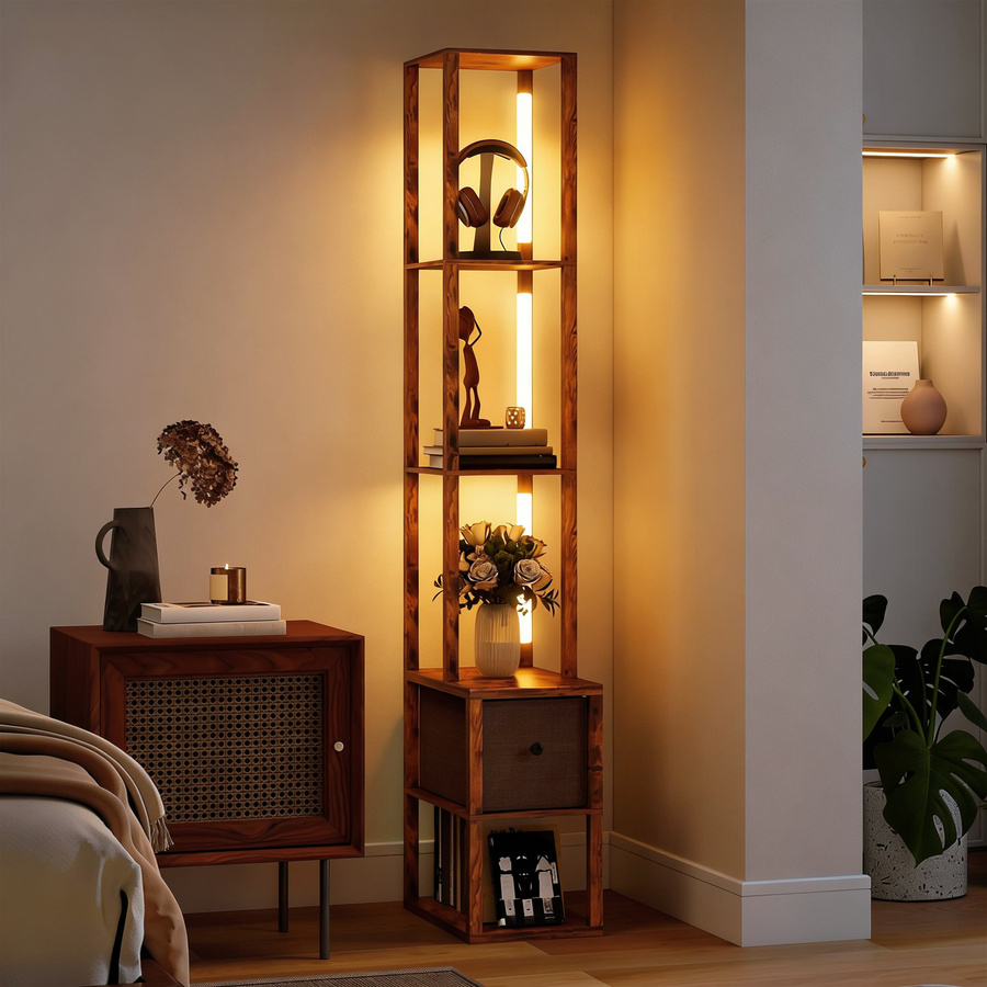 HOMCOM LED Stehlampe mit Regalen und Stoffschublade, dimmbare moderne Standleuchte in Rustikal-Braun für Wohnzimmer, Schlafzimmer oder Büro - Bild 2
