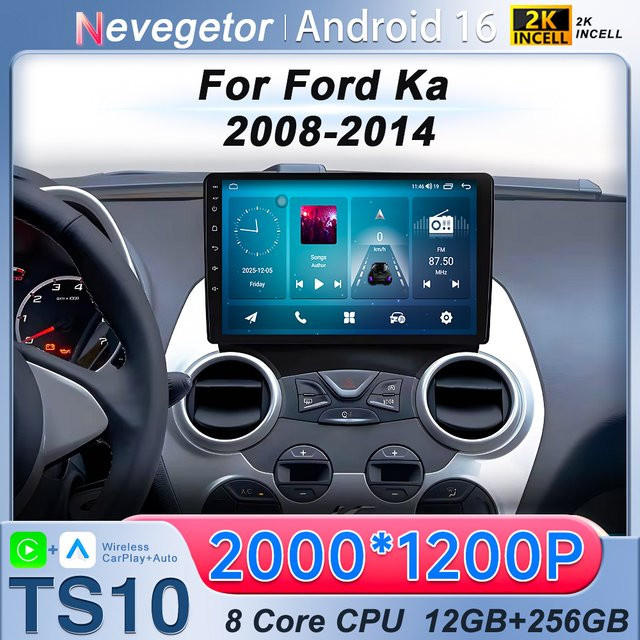 Nevegetor Android 16 Auto-Autoradio für Ford Ka mit Carplay, GPS, Bluetooth und DSP Multimedia Player in Schwarz - Bild 1