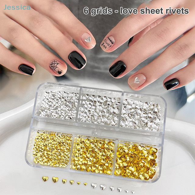 Nail Art Charms 3D Metall Herz Nieten, Gold und Silber, Mini Metallflocken - Bild 1