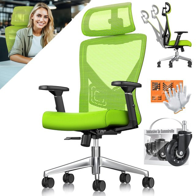 KESSER Bürostuhl ergonomisch mit verstellbaren Armlehnen, Kopfstütze und Lendenwirbelstütze, Drehstuhl mit Wippfunktion und Gummirollen - Bild 1